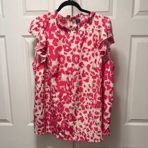 SHEIN Pink and White Ruffle Sleeve Animal Print Top